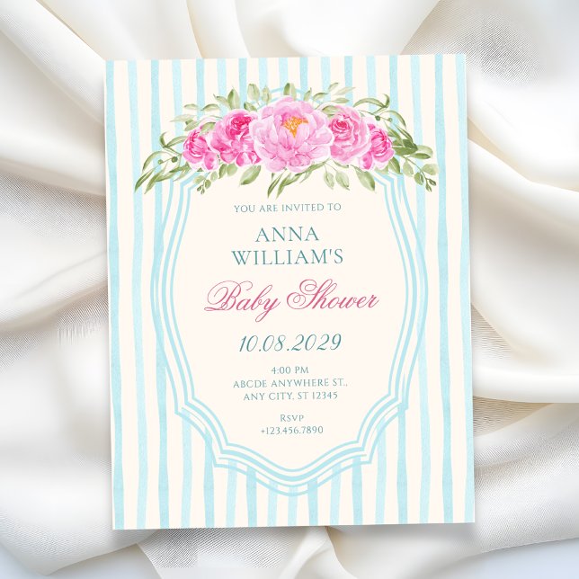 Blue floral strips baby shower invitation (Creator Uploaded)