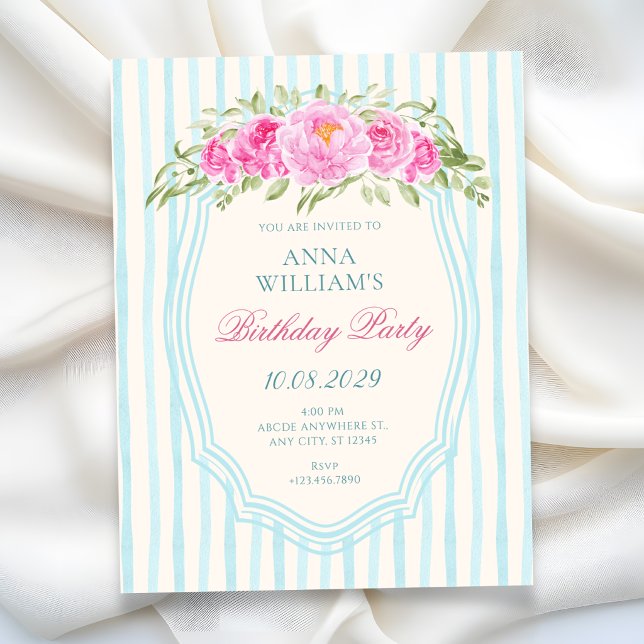 Blue floral strips birthday invitation (Creator Uploaded)