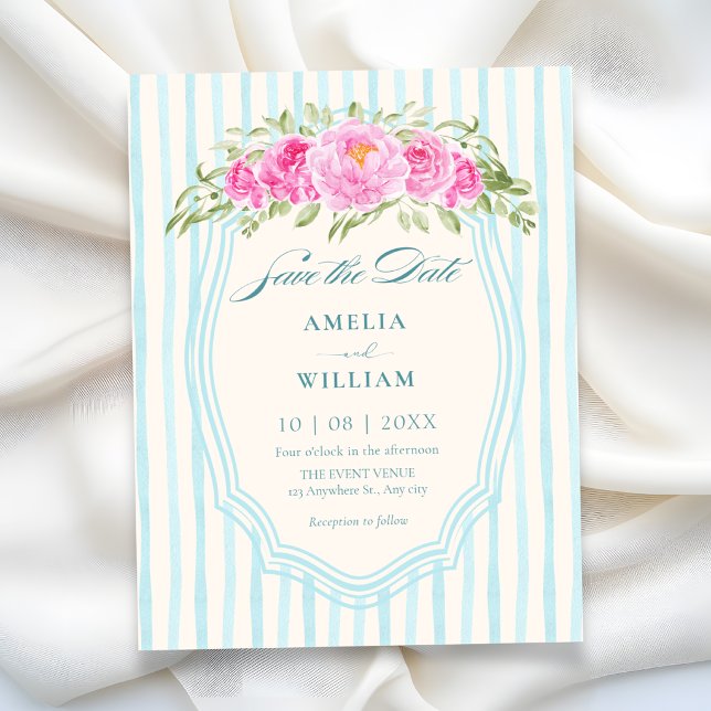 Blue floral strips wedding save the date (Creator Uploaded)