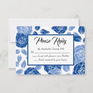 Blue Floral Stylish Rose Chic Simple Wedding RSVP Card