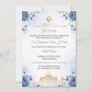Blue Floral Sukhmani Sahib Path Birthday Invite