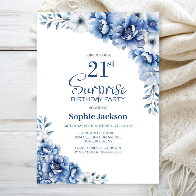 Blue Floral Surprise 21st Birthday Party Invitation (Creator Uploaded)