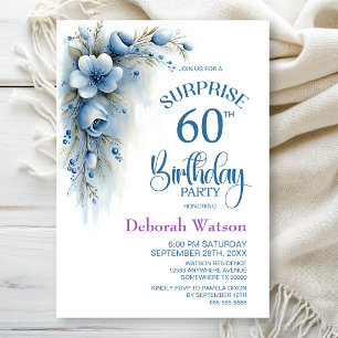 Blue Floral Surprise 60th Birthday Party Invitation