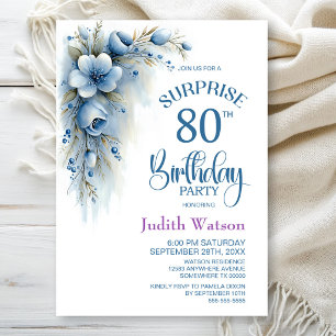Blue Floral Surprise 80th Birthday Party Invitation