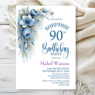 Blue Floral Surprise 90th Birthday Party Invitation