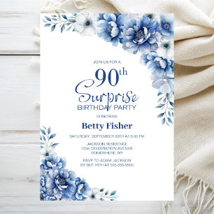 Blue Floral Surprise 90th Birthday Party Invitation