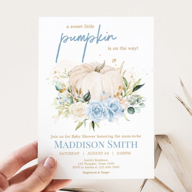 Blue Floral Sweet Little Pumpkin Baby Shower Invitation (Sweet Floral Little Pumpkin Baby Shower Invitation
)