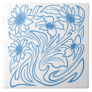 Blue Floral Swirl Botanical Tile