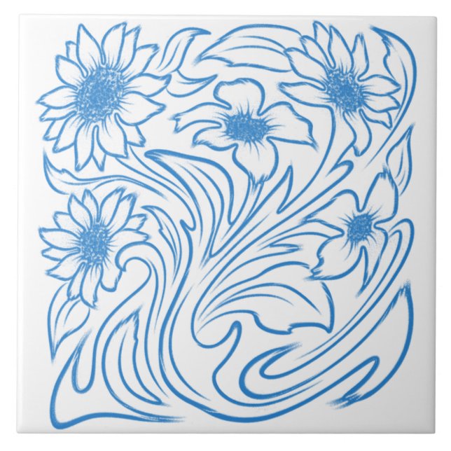 Blue Floral Swirl Botanical Tile (Front)