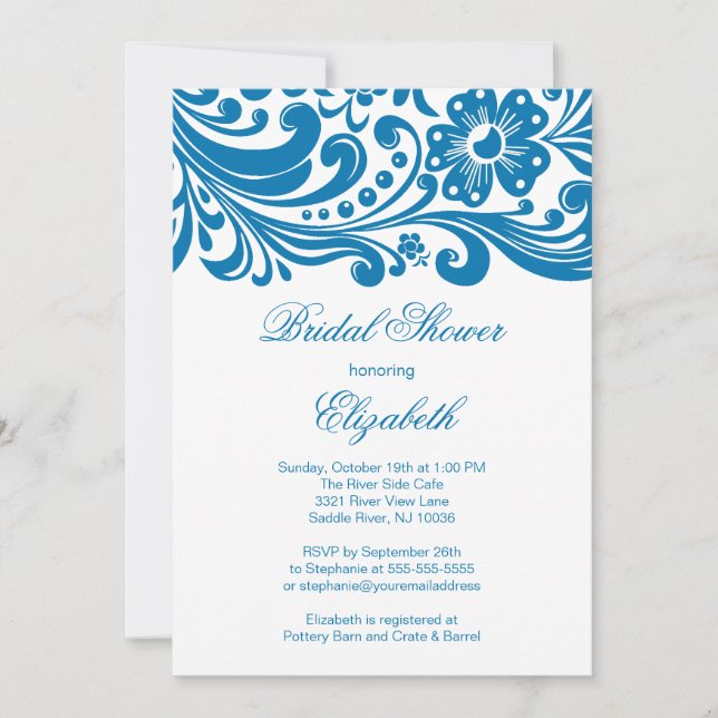 Blue Floral Swirl Bridal Shower Invitation (Front)