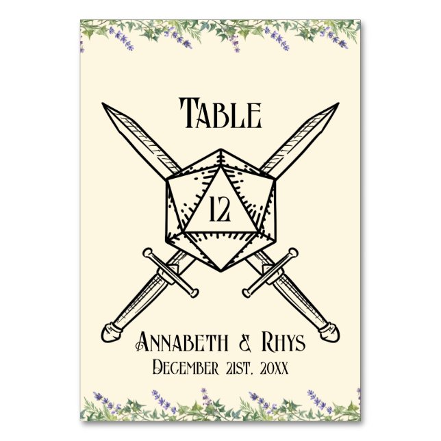 Blue Floral Sword D20 RPG Inspired Table Number  (Front)