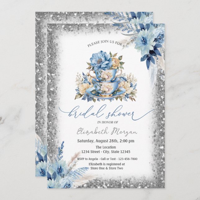 Blue Floral Tea cup Glitter Frame Baby Shower  Invitation (Front/Back)