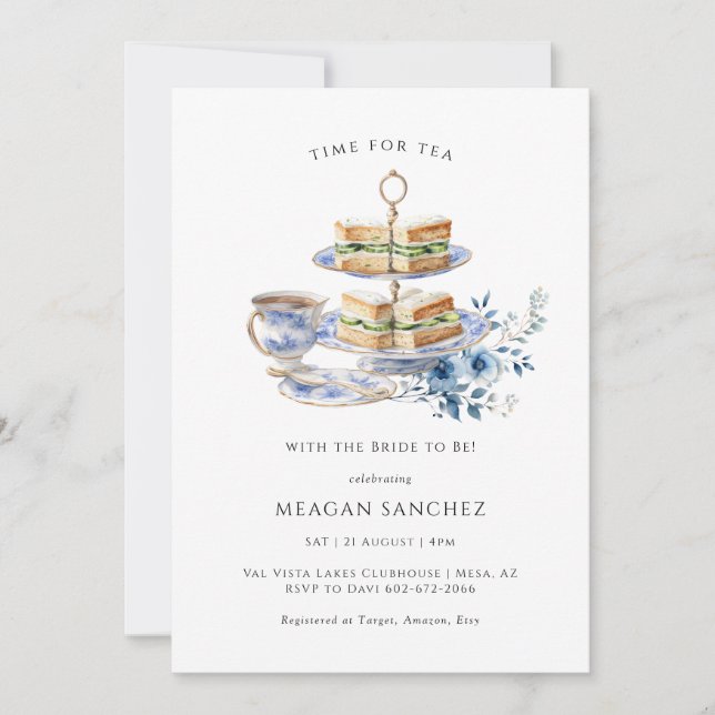 Blue Floral Tea Cup | Tea Sandwiches Bridal Shower Invitation (Front)