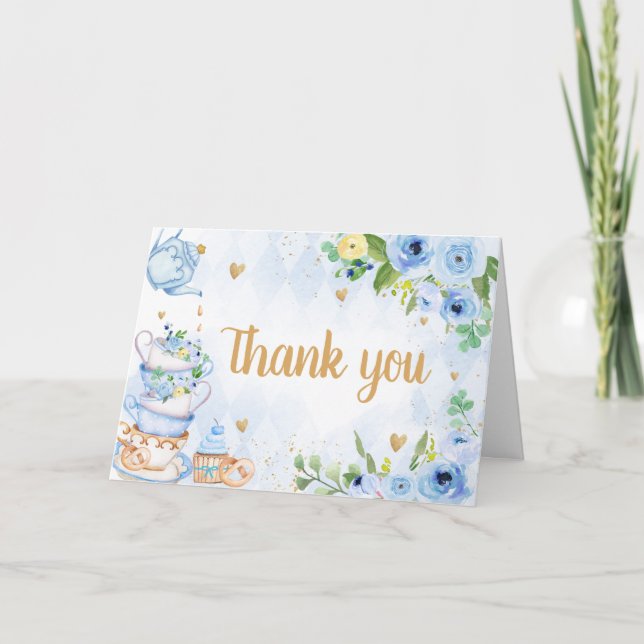 Blue Floral Tea Party Baby Shower Thank You Card (Front)