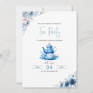 Blue Floral Tea Party Birthday Invitation