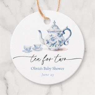 Blue Floral Tea Party Twin Baby Shower Favour Tags