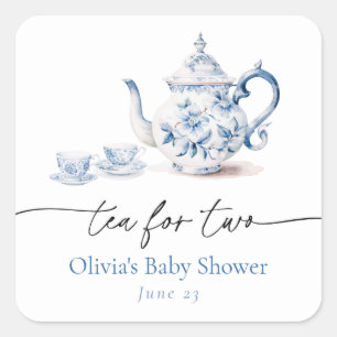 Blue Floral Tea Party Twin Baby Shower Square Sticker