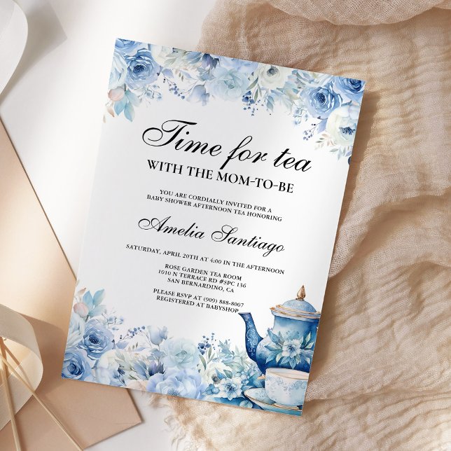 Blue Floral Tea With Mom To Be Baby Shower Invitat Invitation (Creator Uploaded)