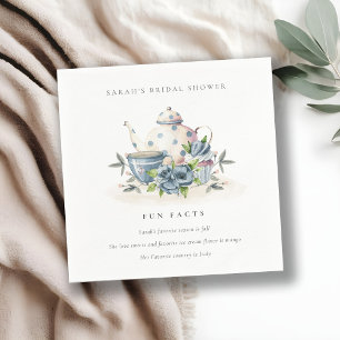 Blue Floral Teapot Tea Fun Facts Bridal Shower Napkin