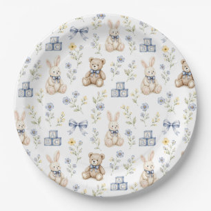 Blue Floral Teddy Bear Bunny Nursery Baby Shower Paper Plate