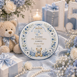 Blue Floral Teddy Bear Fifteenth Birthday party 3 Cm Round Badge