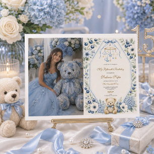 Blue Floral Teddy Bear  Fifteenth Birthday Party  Invitation