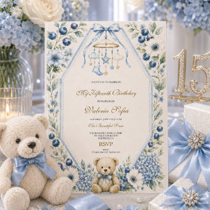 Blue Floral Teddy Bear Fifteenth Birthday Party Invitation
