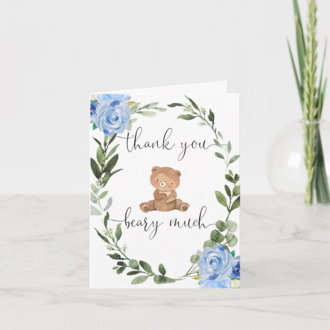 Blue floral teddy bear greenery eucalyptus cute thank you card (Front)