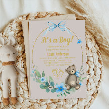 Blue Floral Teddy Bear It's a Boy Baby Shower