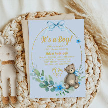 Blue Floral Teddy Bear It's a Boy Baby Shower