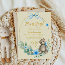Blue Floral Teddy Bear It's a Boy Baby Shower