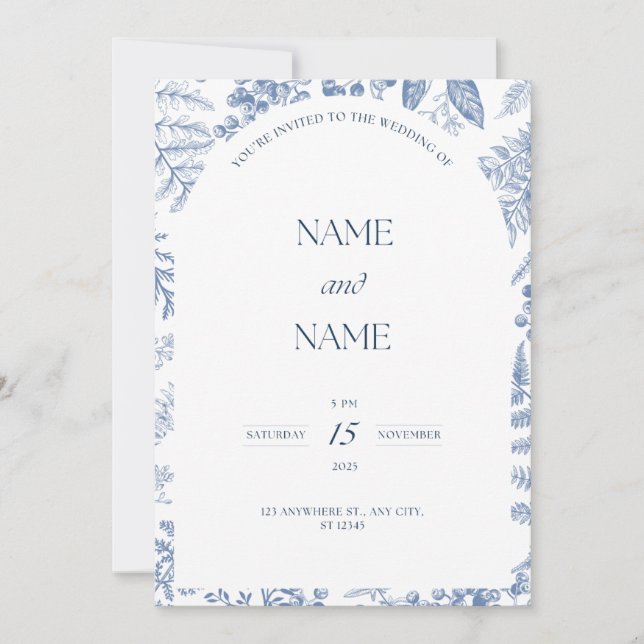 blue floral themed wedding invitation  (Front)