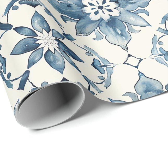 Blue Floral Tile Pattern Gift Wrap (Roll Corner)