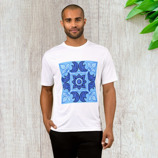 Blue Floral Tile Pattern Vintage Mediterranean  T-Shirt (Creator Uploaded)