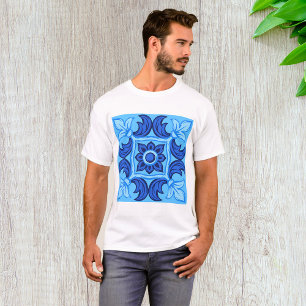 Blue Floral Tile Pattern Vintage Mediterranean T-Shirt