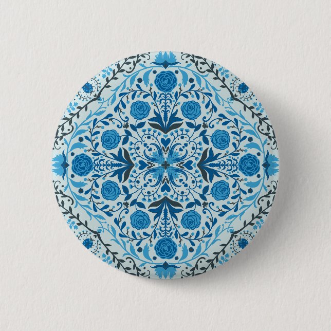 Blue floral tiles 6 cm round badge (Front)