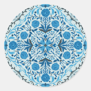Blue floral tiles classic round sticker