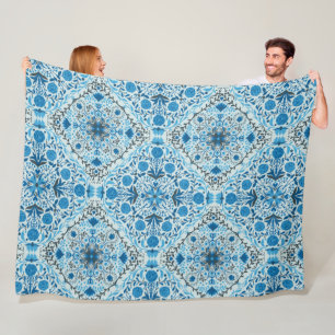 Blue floral tiles fleece blanket