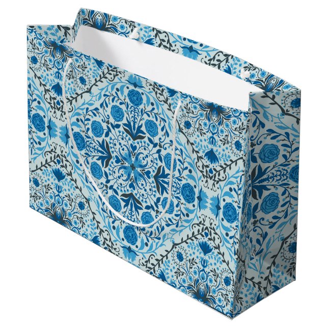 Blue floral tiles large gift bag (Back Angled)
