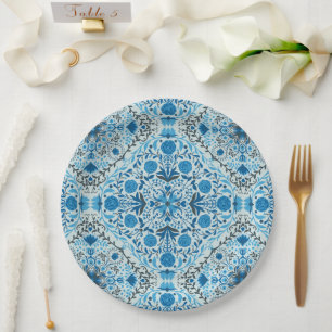 Blue floral tiles paper plate