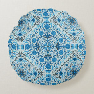 Blue floral tiles round cushion