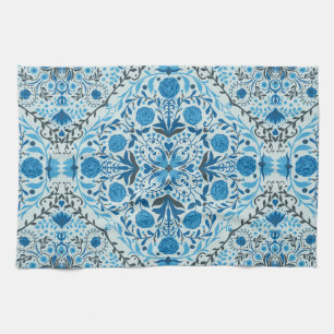 Blue floral tiles tea towel