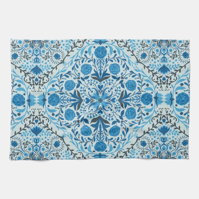 Blue floral tiles tea towel (Horizontal)