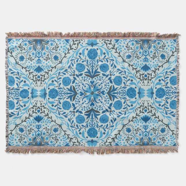 Blue floral tiles throw blanket (Front)