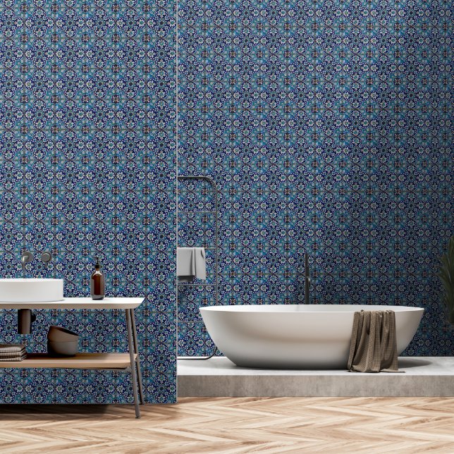 Blue Floral Tiles Wallpaper (Bathroom)
