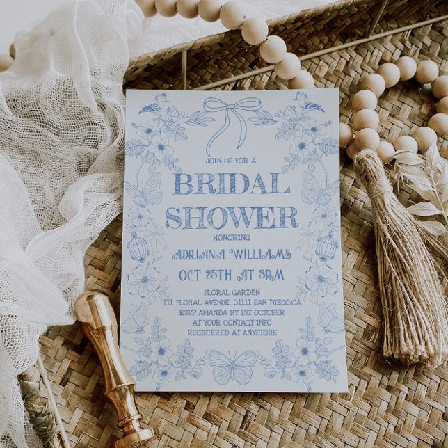 Blue Floral Toile Bow Bridal Shower Invitation (Creator Uploaded)