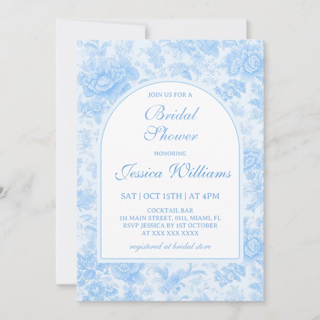 Blue Floral Toile Bridal Shower Invitation (Front)