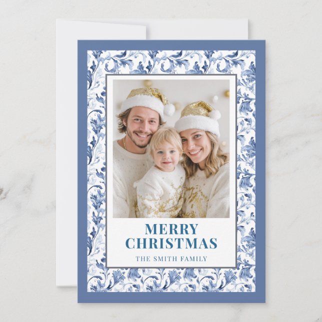 Blue Floral Toile Christmas Photo Holiday Card (Front)
