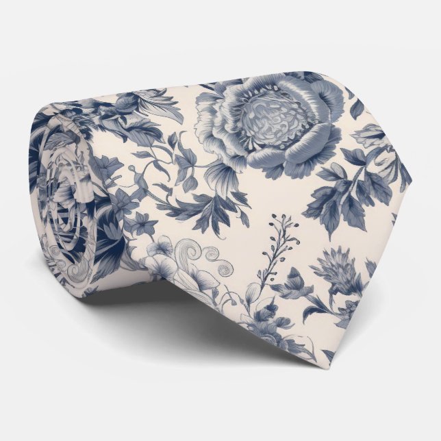 Blue Floral Toile Pattern Wedding Tie (Rolled)