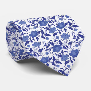Blue Floral Toile Watercolor Vintage Wedding Tie